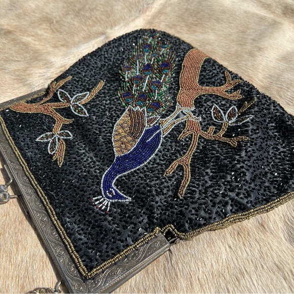 Antique Vintage Art Deco Large Beaded Sequin Peacock Long Chain Shoulder Bag - Picture 10 of 13